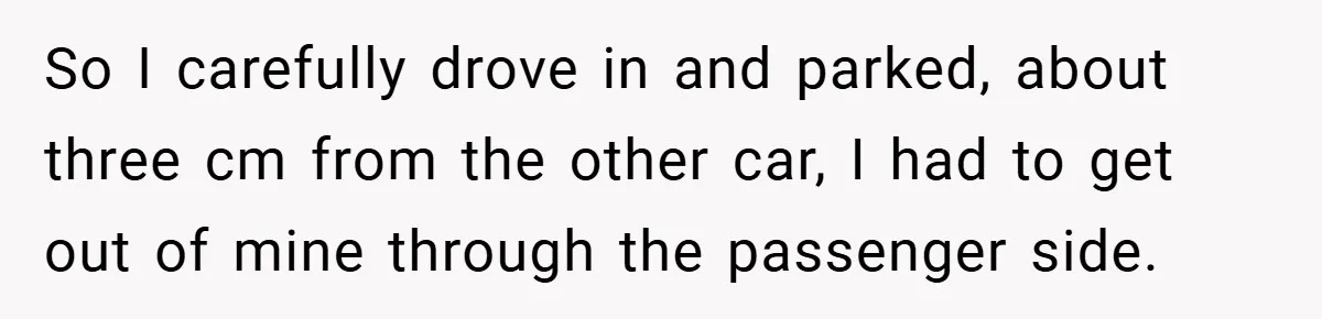 So I carefully drove in and parked, about three cm from the other car, I had to get out of mine through the passenger side.
