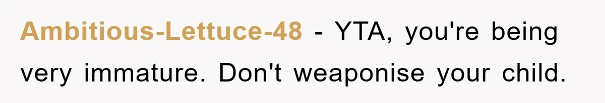 Ambitious-Lettuce-48 − YTA, you're being very immature. Don't weaponise your child.