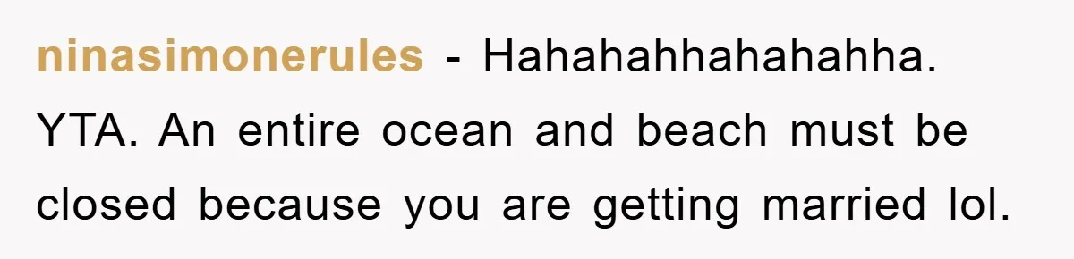 Bridezilla Demands Strangers Vanish From Public Beach Wedding Photos During Busy Cancun Ceremony ninasimonerules − Hahahahhahahahha. YTA. An entire ocean and beach must be closed because you are getting married lol.