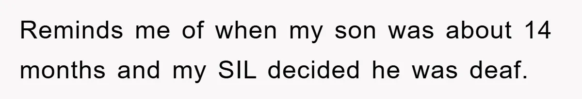 Reminds me of when my son was about 14 months and my SIL decided he was deaf.