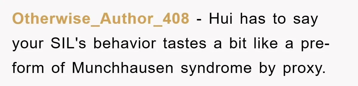 Otherwise_Author_408 − Hui has to say your SIL's behavior tastes a bit like a pre-form of Munchhausen syndrome by proxy.