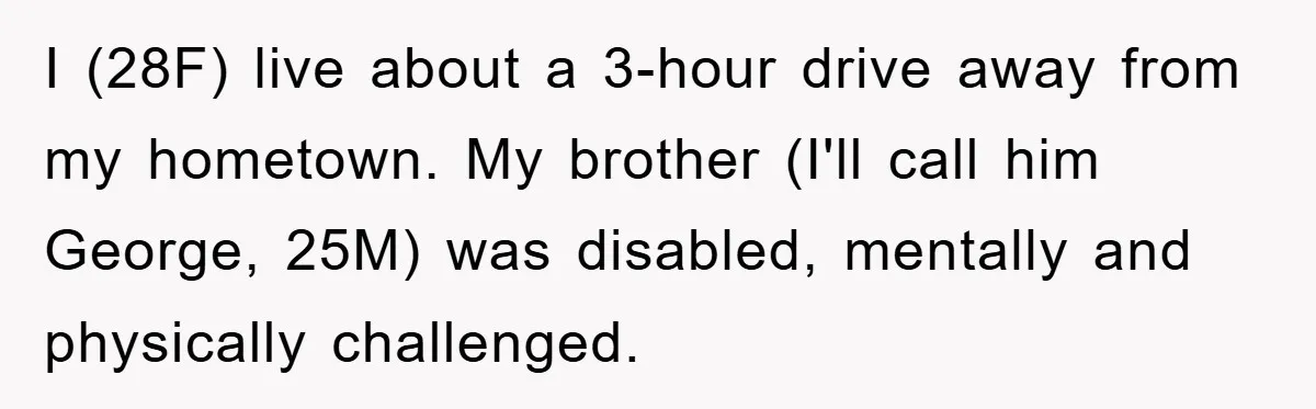 Family Drama Erupts When Sister Chooses Not To Attend Brother’s Funeral After A Lifetime Of Neglect I (28F) live about a 3-hour drive away from my hometown. My brother (I'll call him George, 25M) was disabled, mentally and physically challenged.