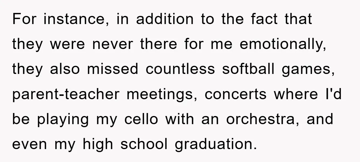 Family Drama Erupts When Sister Chooses Not To Attend Brother’s Funeral After A Lifetime Of Neglect For instance, in addition to the fact that they were never there for me emotionally, they also missed countless softball games, parent-teacher meetings, concerts where I'd be playing my cello...