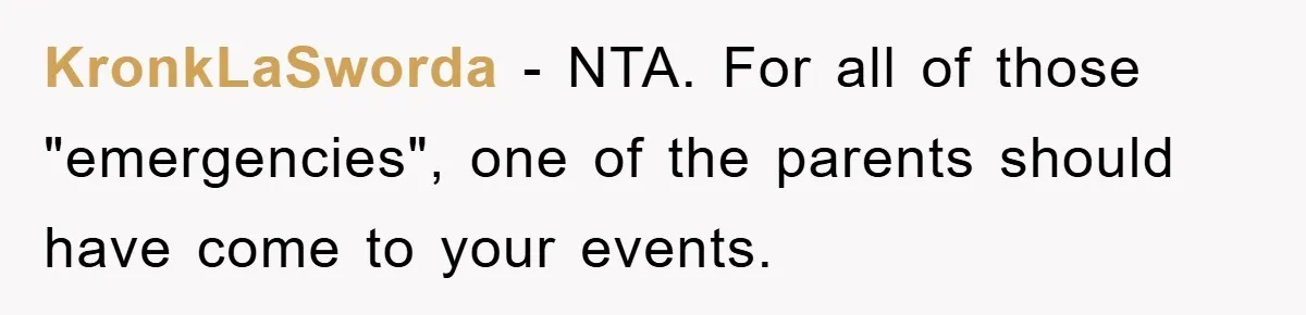 Family Drama Erupts When Sister Chooses Not To Attend Brother’s Funeral After A Lifetime Of Neglect KronkLaSworda − NTA. For all of those "emergencies", one of the parents should have come to your events.