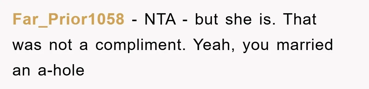 Far_Prior1058 − NTA - but she is. That was not a compliment. Yeah, you married an a-hole