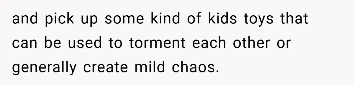 Brother And Sister-In-Law Told To Buy Expensive Gifts For Christmas, So They Bought The Most Annoying Toys Instead and pick up some kind of kids toys that can be used to torment each other or generally create mild chaos.