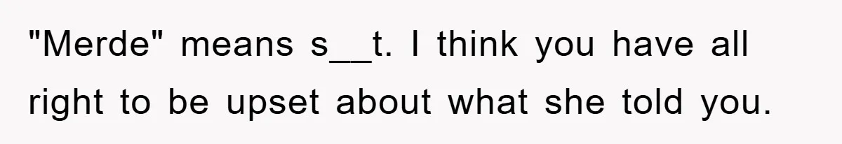 "Merde" means s__t. I think you have all right to be upset about what she told you.