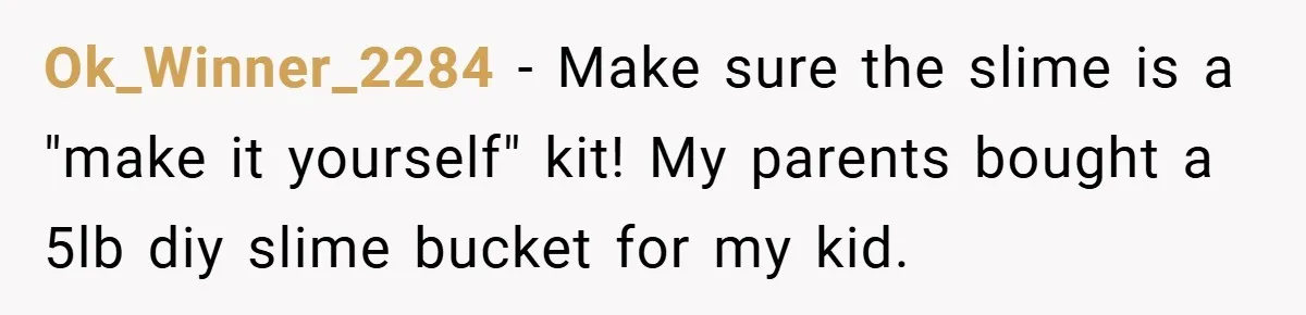 Brother And Sister-In-Law Told To Buy Expensive Gifts For Christmas, So They Bought The Most Annoying Toys Instead Ok_Winner_2284 − Make sure the slime is a "make it yourself" kit! My parents bought a 5lb diy slime bucket for my kid.