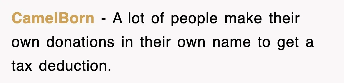Employee Turns Blockbuster’s Upsell Trick Into Charity Hack, Raises Thousands Right Under Their Nose CamelBorn − A lot of people make their own donations in their own name to get a tax deduction.