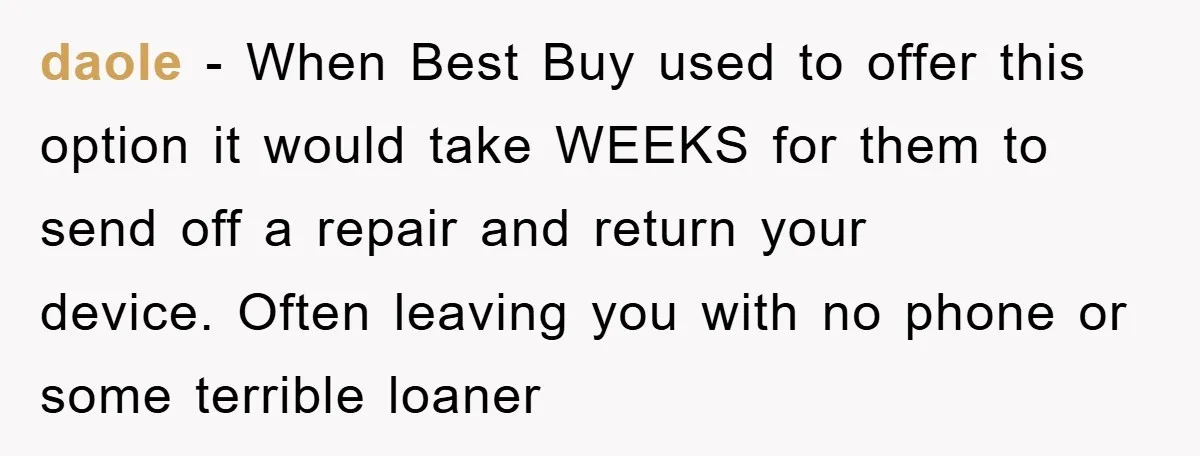 daole - When Best Buy used to offer this option it would take WEEKS for them to send off a repair and return your device. Often leaving you with no...