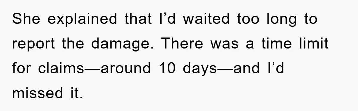 She explained that I’d waited too long to report the damage. There was a time limit for claims—around 10 days—and I’d missed it.