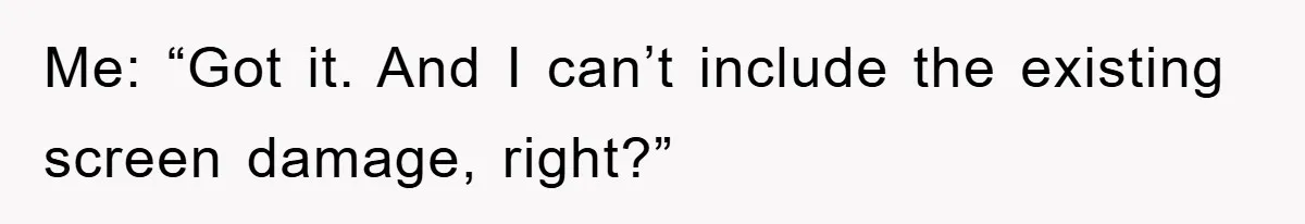 Me: “Got it. And I can’t include the existing screen damage, right?”