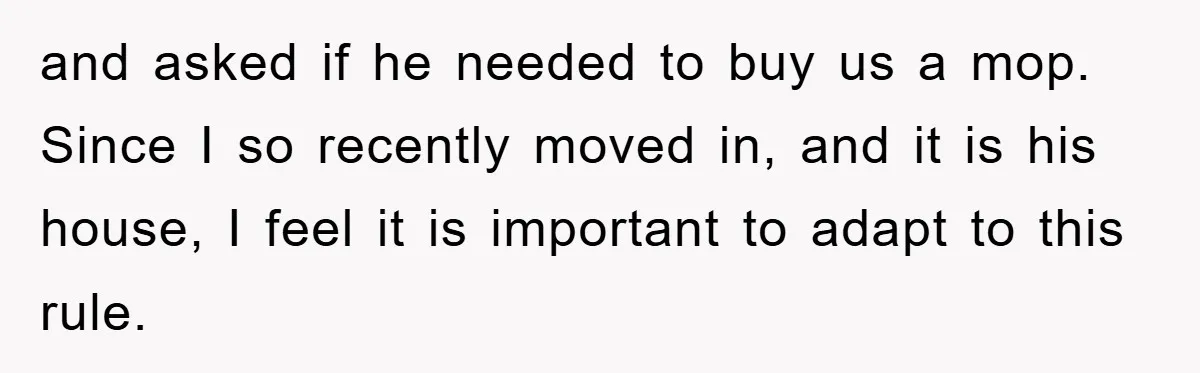 and asked if he needed to buy us a mop. Since I so recently moved in, and it is his house, I feel it is important to adapt to this...