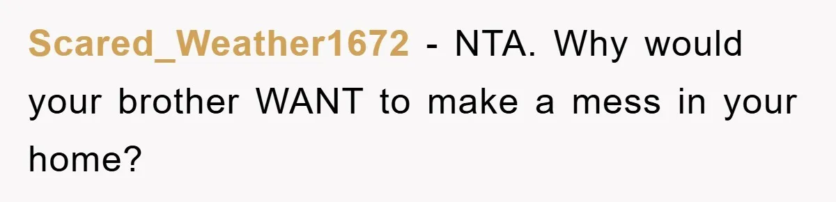 Scared_Weather1672 − NTA. Why would your brother WANT to make a mess in your home?