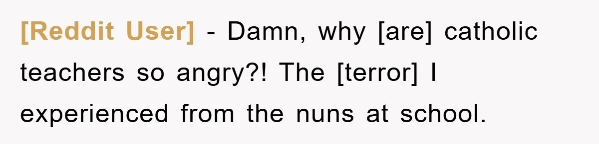 [Reddit User] - Damn, why [are] catholic teachers so angry?! The [terror] I experienced from the nuns at school.