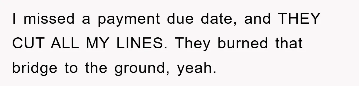I missed a payment due date, and THEY CUT ALL MY LINES. They burned that bridge to the ground, yeah.
