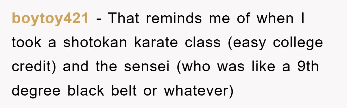 boytoy421 − That reminds me of when I took a shotokan karate class (easy college credit) and the sensei (who was like a 9th degree black belt or whatever)