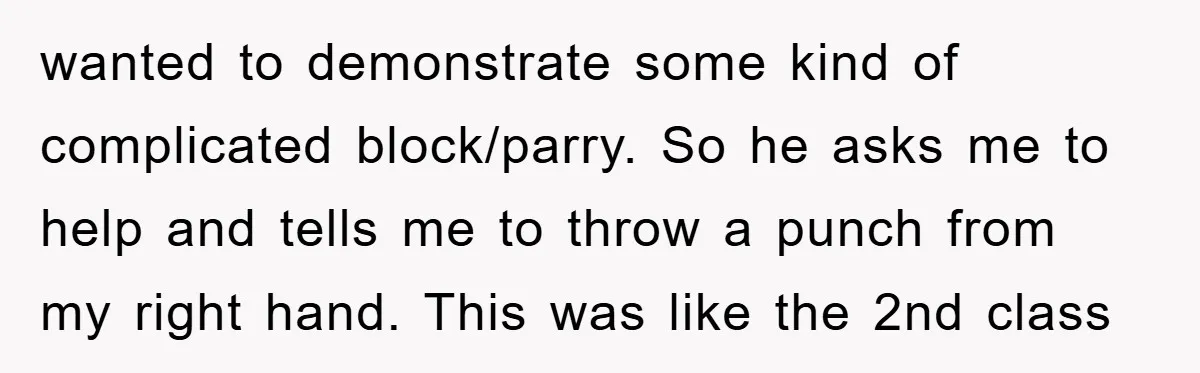 wanted to demonstrate some kind of complicated block/parry. So he asks me to help and tells me to throw a punch from my right hand. This was like the 2nd...