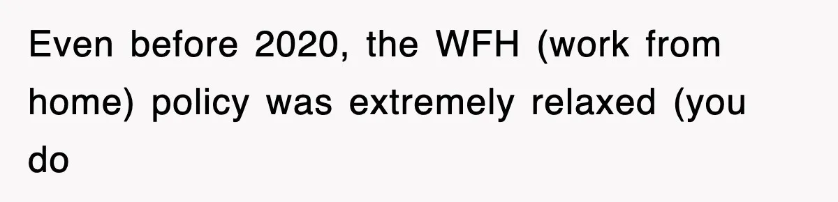Even before 2020, the WFH (work from home) policy was extremely relaxed (you do
