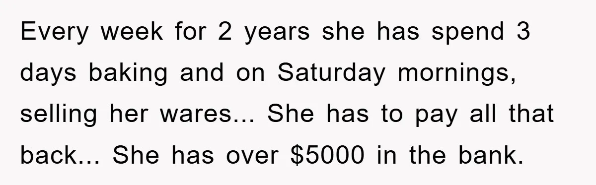 Every week for 2 years she has spend 3 days baking and on Saturday mornings, selling her wares... She has to pay all that back... She has over $5000 in...