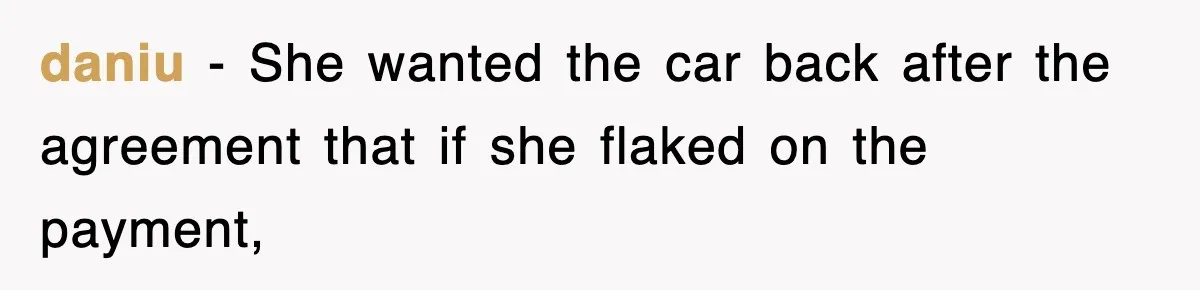 daniu − She wanted the car back after the agreement that if she flaked on the payment,