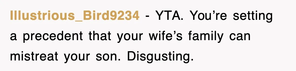 Illustrious_Bird9234 - YTA. You’re setting a precedent that your wife’s family can mistreat your son. Disgusting.