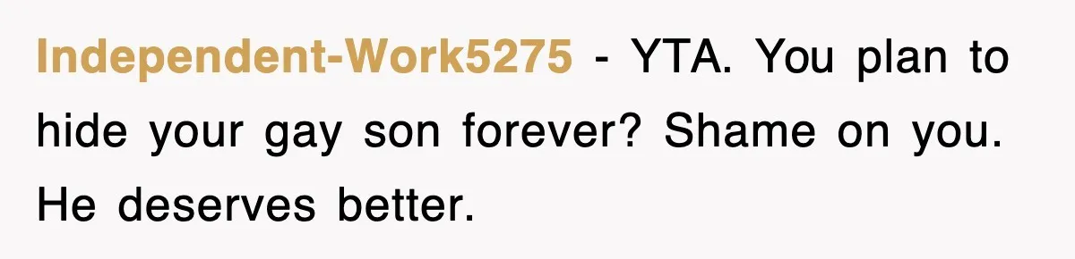 Independent-Work5275 - YTA. You plan to hide your gay son forever? Shame on you. He deserves better.
