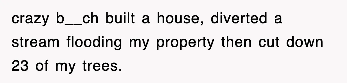 Rude Neighbor Destroyed Woman's Property, So She Sold The Land Just To Make Her Miserable Forever crazy b__ch built a house, diverted a stream flooding my property then cut down 23 of my trees.