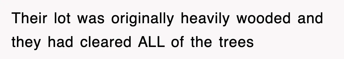 Rude Neighbor Destroyed Woman's Property, So She Sold The Land Just To Make Her Miserable Forever Their lot was originally heavily wooded and they had cleared ALL of the trees