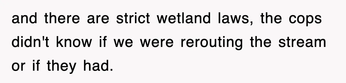 Rude Neighbor Destroyed Woman's Property, So She Sold The Land Just To Make Her Miserable Forever and there are strict wetland laws, the cops didn't know if we were rerouting the stream or if they had.