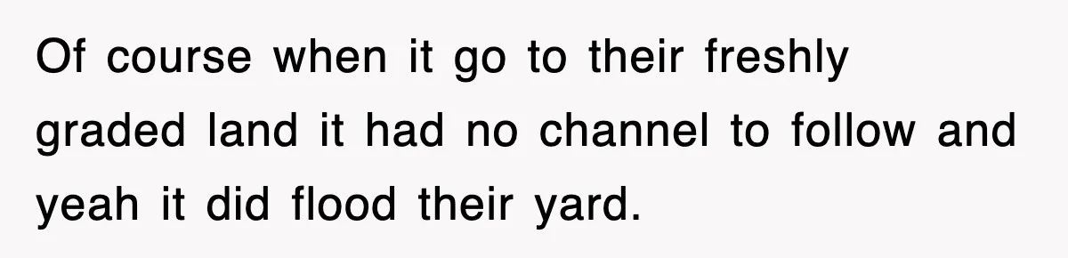 Rude Neighbor Destroyed Woman's Property, So She Sold The Land Just To Make Her Miserable Forever Of course when it go to their freshly graded land it had no channel to follow and yeah it did flood their yard.
