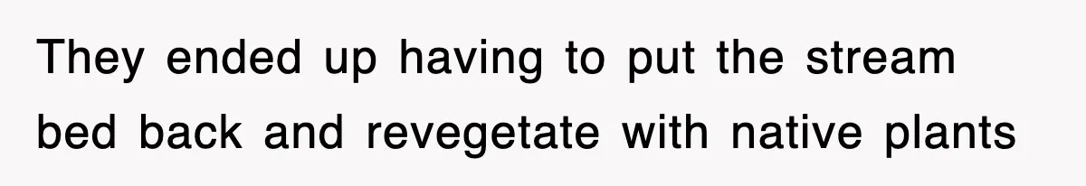 Rude Neighbor Destroyed Woman's Property, So She Sold The Land Just To Make Her Miserable Forever They ended up having to put the stream bed back and revegetate with native plants