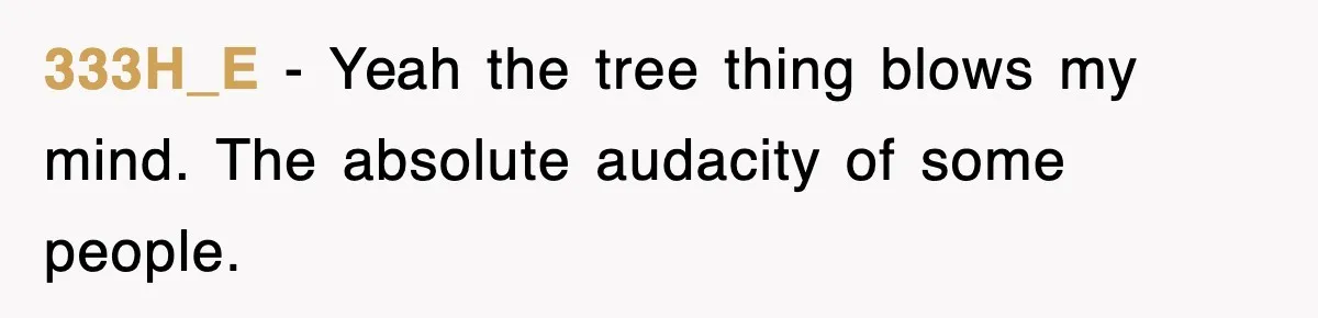 Rude Neighbor Destroyed Woman's Property, So She Sold The Land Just To Make Her Miserable Forever 333H_E − Yeah the tree thing blows my mind. The absolute audacity of some people.