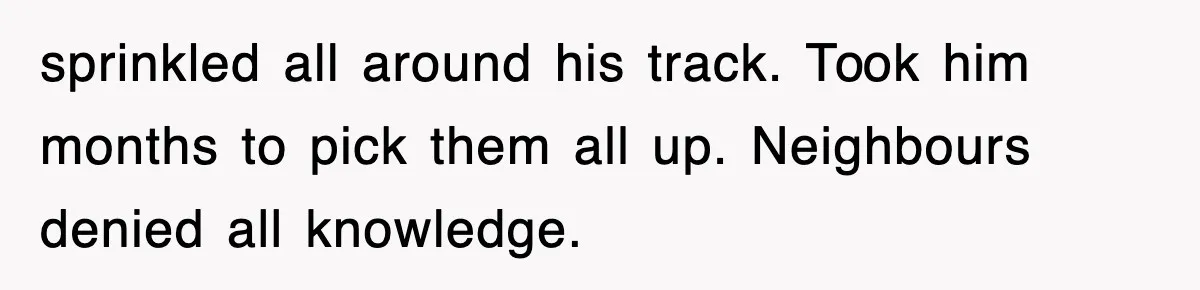 Rude Neighbor Destroyed Woman's Property, So She Sold The Land Just To Make Her Miserable Forever sprinkled all around his track. Took him months to pick them all up. Neighbours denied all knowledge.
