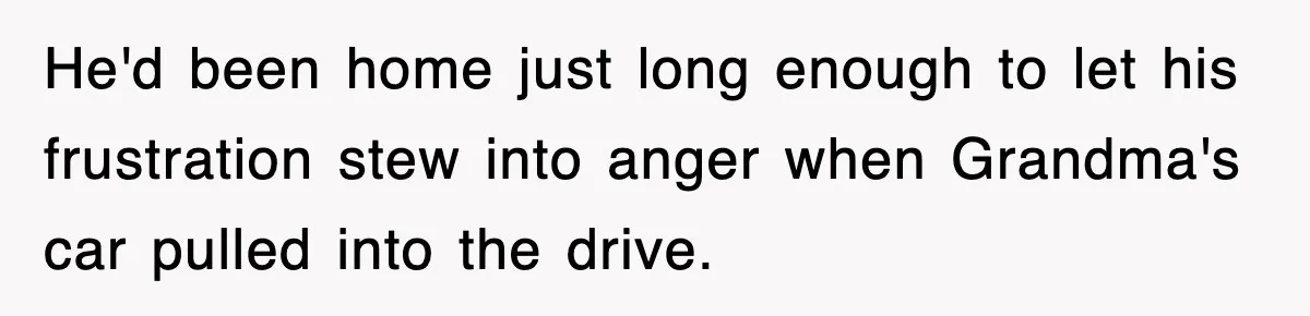 He'd been home just long enough to let his frustration stew into anger when Grandma's car pulled into the drive.