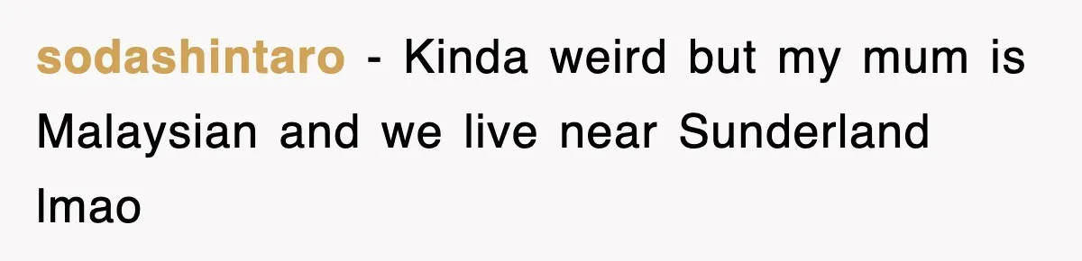 sodashintaro − Kinda weird but my mum is Malaysian and we live near Sunderland lmao