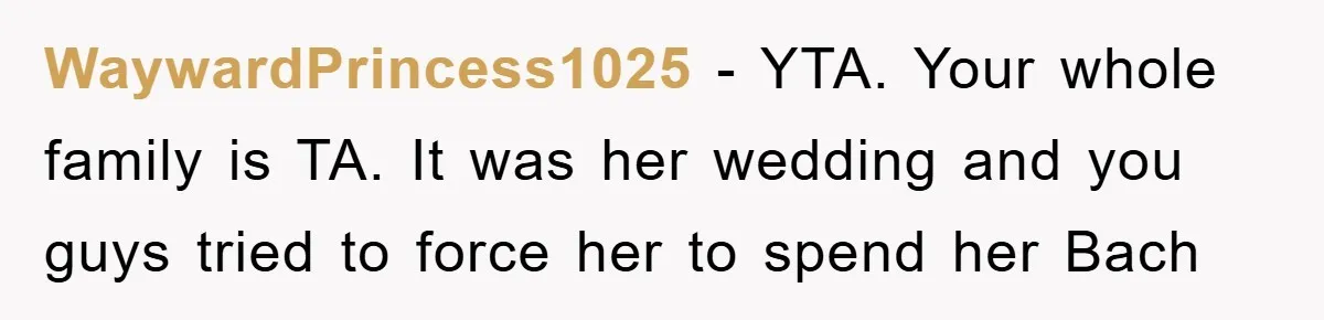 WaywardPrincess1025 - YTA. Your whole family is TA. It was her wedding and you guys tried to force her to spend her Bach