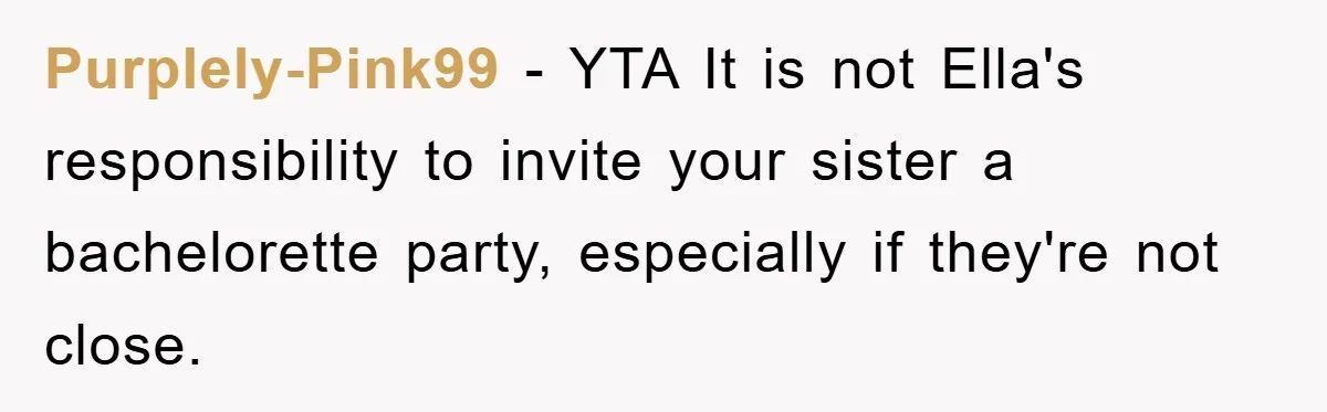 Purplely-Pink99 - YTA It is not Ella's responsibility to invite your sister a bachelorette party, especially if they're not close.