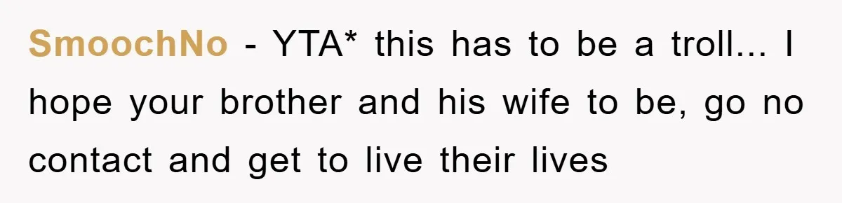 SmoochNo - YTA* this has to be a troll... I hope your brother and his wife to be, go no contact and get to live their lives