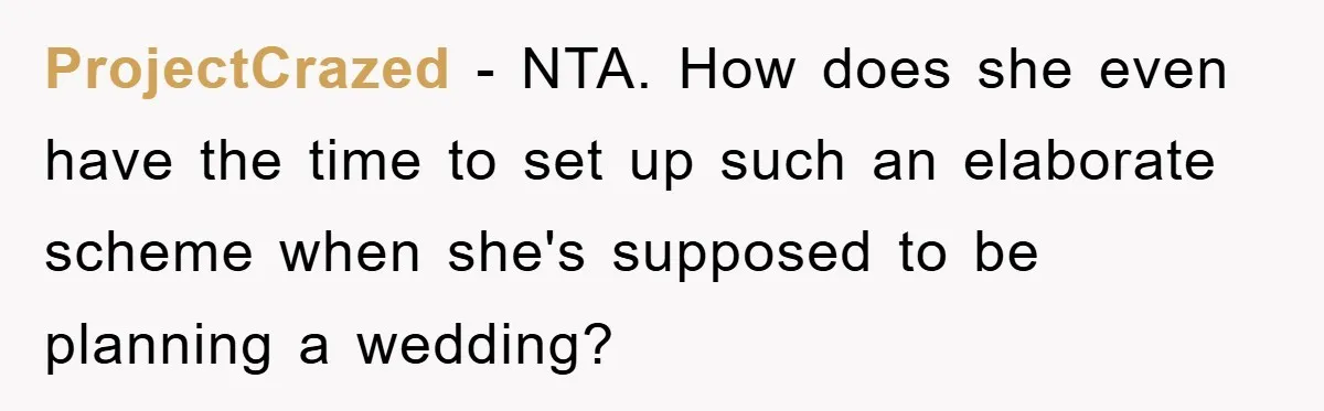 ProjectCrazed - NTA. How does she even have the time to set up such an elaborate scheme when she's supposed to be planning a wedding?