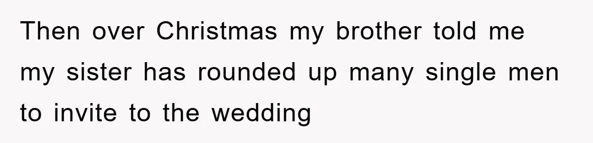 Then over Christmas my brother told me my sister has rounded up many single men to invite to the wedding