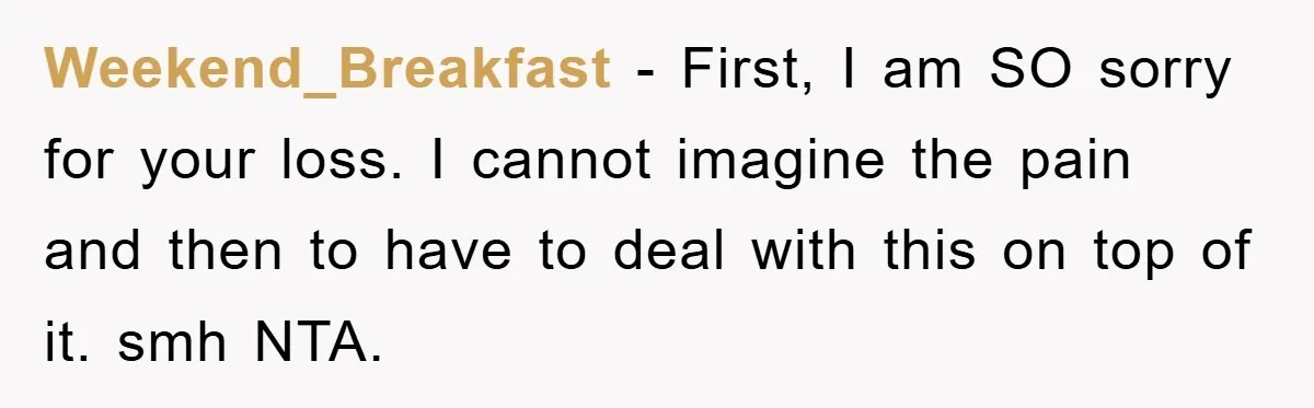 Weekend_Breakfast - First, I am SO sorry for your loss. I cannot imagine the pain and then to have to deal with this on top of it. smh NTA.