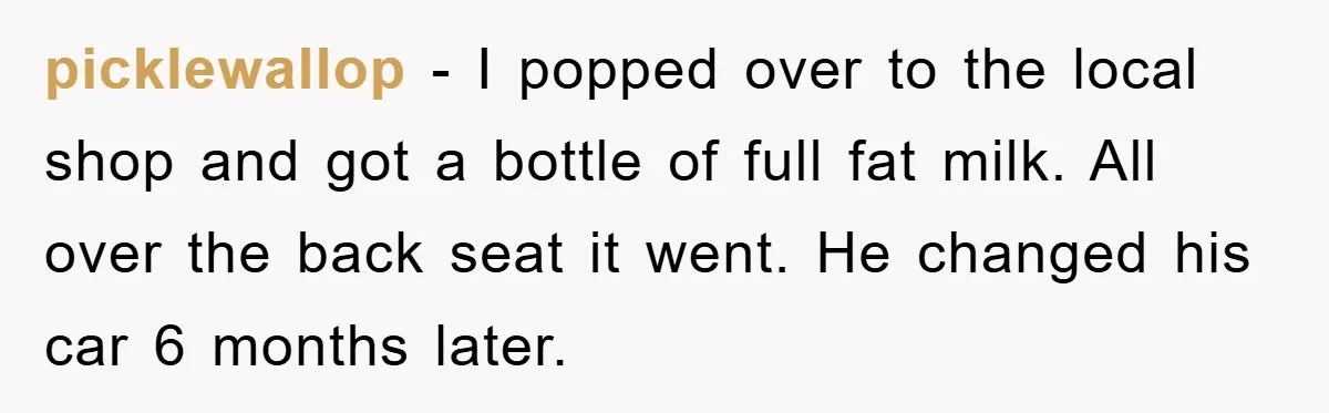picklewallop - I popped over to the local shop and got a bottle of full fat milk. All over the back seat it went. He changed his car 6 months...