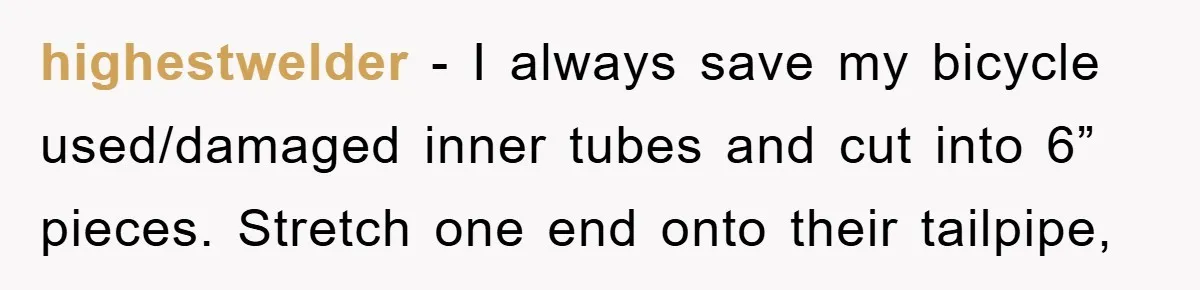highestwelder - I always save my bicycle used/damaged inner tubes and cut into 6” pieces. Stretch one end onto their tailpipe,