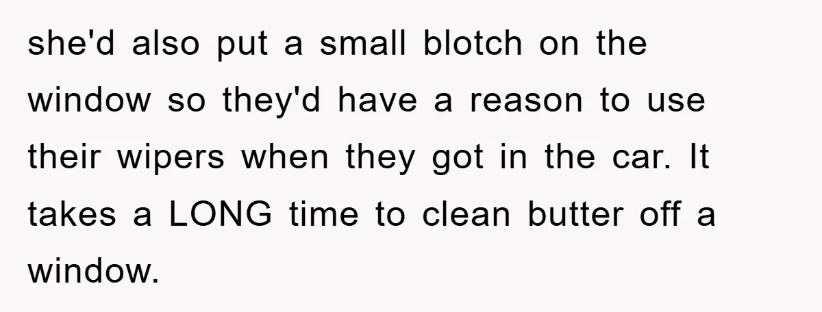 she'd also put a small blotch on the window so they'd have a reason to use their wipers when they got in the car. It takes a LONG time to...