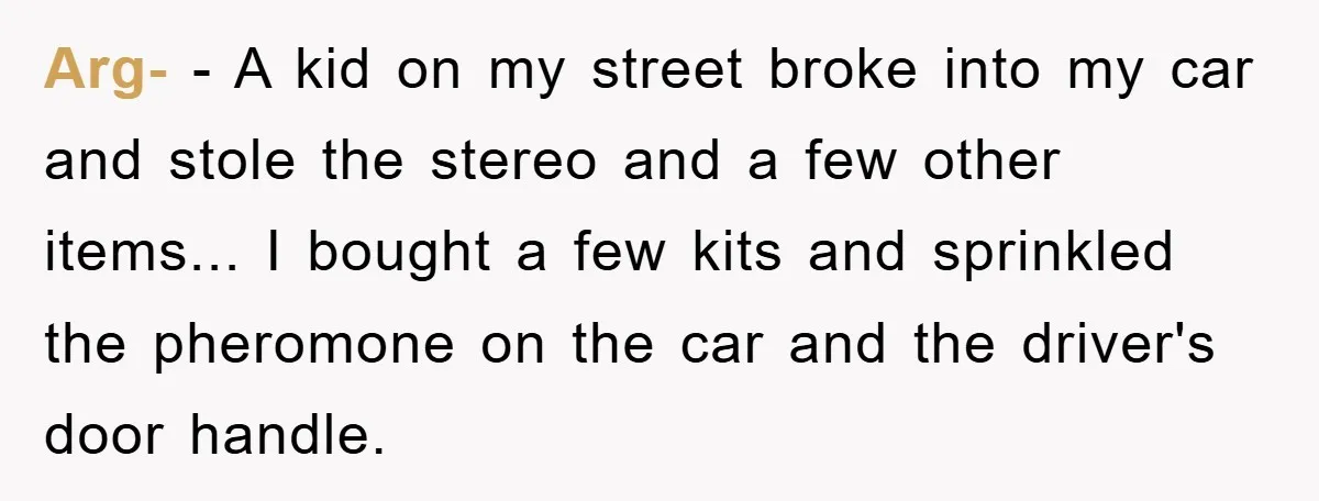 Arg- - A kid on my street broke into my car and stole the stereo and a few other items... I bought a few kits and sprinkled the pheromone on...