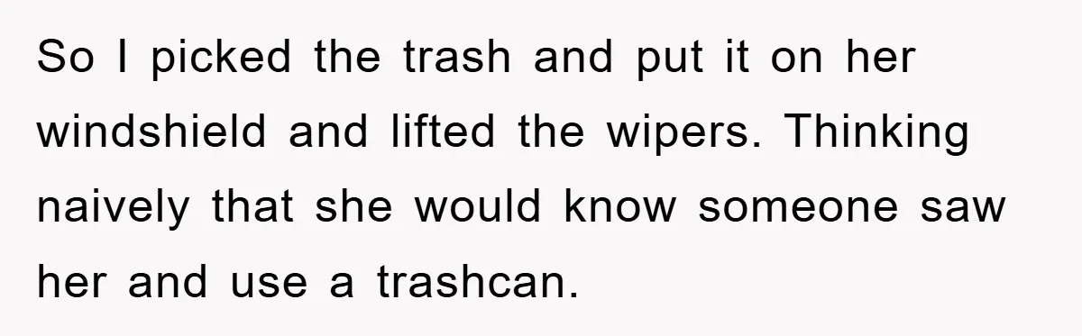 So I picked the trash and put it on her windshield and lifted the wipers. Thinking naively that she would know someone saw her and use a trashcan.