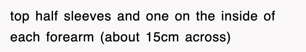 top half sleeves and one on the inside of each forearm (about 15cm across)