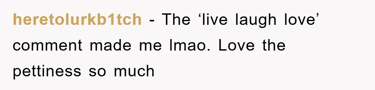 heretolurkb1tch - The ‘live laugh love’ comment made me lmao. Love the pettiness so much