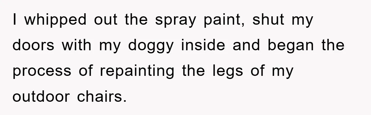 I whipped out the spray paint, shut my doors with my doggy inside and began the process of repainting the legs of my outdoor chairs.